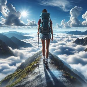 female backpacker hiking up a mountain on blue sky with puffy white clouds-5
